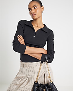 Black Long Sleeve Ruched Ribbed Polo Top