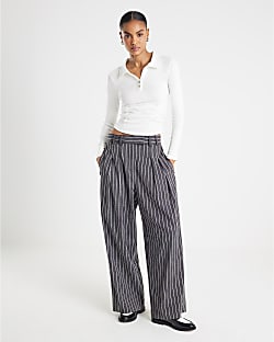 White Long Sleeve Ruched Ribbed Polo Top