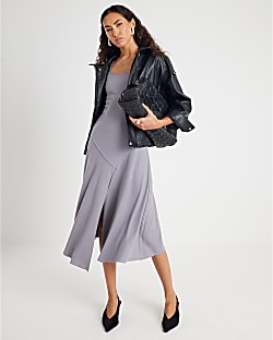 Grey Asymmetric Hem Midi Dress