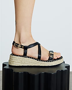 Black Cross Strap Sling Back Wedge Sandals