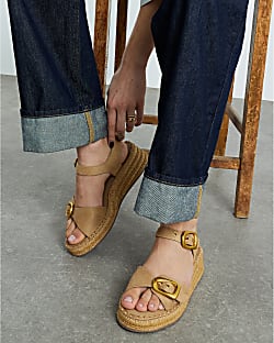 Beige Strap Buckle Wedge Sandals