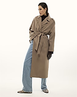 Brown Faux Wool Belted Trench Coat
