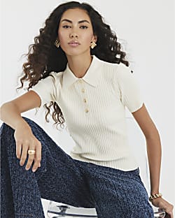 Cream Knit Ribbed Polo Top