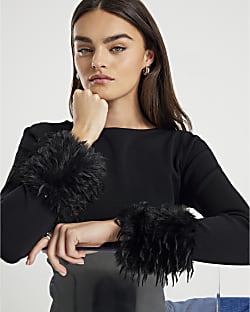Black Knitted Slash Neck Feather Cuff Top