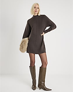 Brown Knitted Long Sleeve Jumper Dress