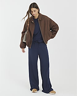 Navy Premium High Waisted Wide Leg Joggers