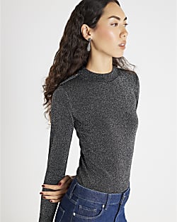 Black Long Sleeve Lurex Bodyfit Knitted Top