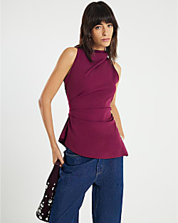 Red High Neck Asymmetric Peplum Top