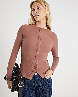 Beige Long Sleeve Popper Through Ribbed Top