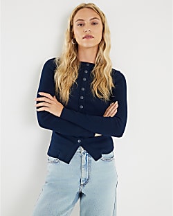 Navy Long Sleeve Popper Through Ribbed Top