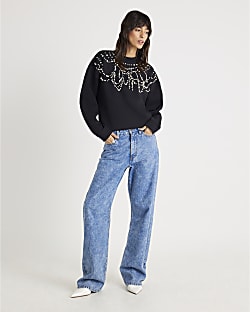 Black Long Sleeve Embellished Sweatshirt