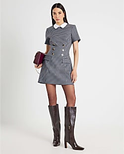 Blue Dogtooth Print Collared Mini Dress