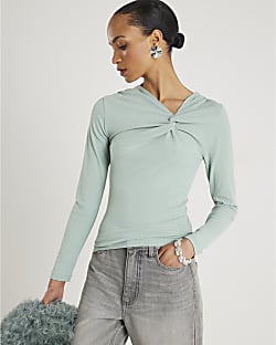 Blue Long Sleeve Twist Front Top