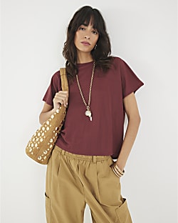 Red Linen Look Short Sleeve Batwing T-shirt
