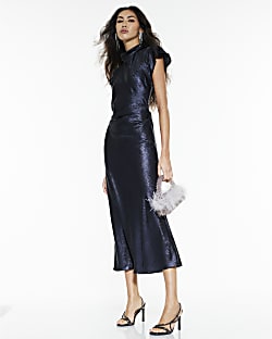Navy Metallic Cowl Neck Maxi Dress