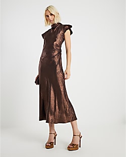 Gold Metallic Cowl Neck Maxi Dress