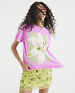 Pink Short Sleeve Photographic Floral T-shirt