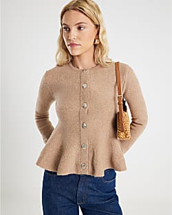 Brown Knitted Peplum Cardigan