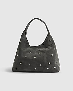 Grey Suede Studded Slouch Shoulder Bag
