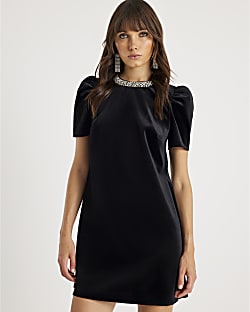 Black Velvet Embellished Mini Dress