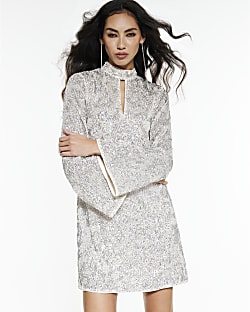 Grey Long Sleeve Sequin Mini Dress