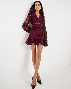 Red Long Sleeve Lace Mini Dress