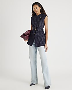 Navy Pinstripe Sleeveless Belted Waistcoat