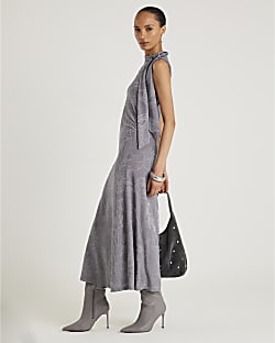 Grey Sleeveless Jacquard Scarf Tie Midi Dress