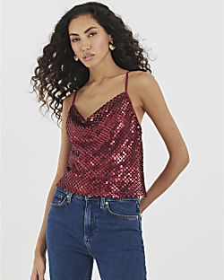 Red Sleeveless Sequin Cowl Neck Cami Top