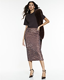 Brown Sequin Midi Skirt