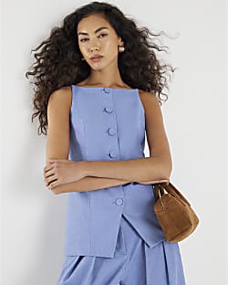 Blue High Neck Fitted Waistcoat