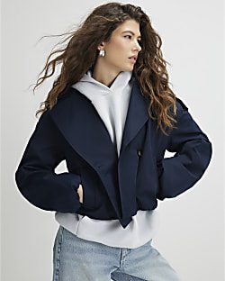 Navy Short Bubble Hem Trench Jacket