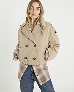 Beige Short Bubble Hem Trench Jacket