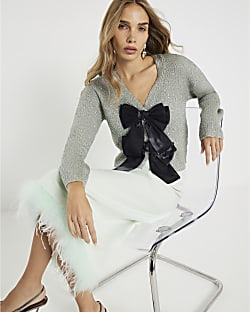 Green Sequin Knit Bow Cardigan