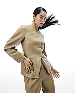 Beige Faux Leather Sculpted Blazer