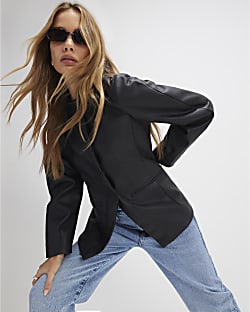 Black Faux Leather Sculpted Blazer