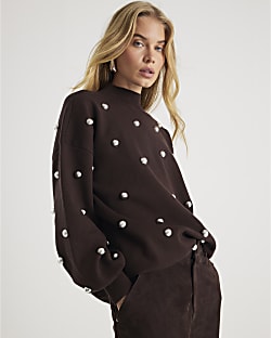 Brown Stud Embellished High Neck Jumper
