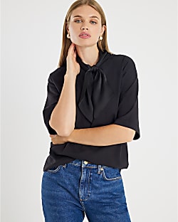 Black Short Sleeve Scarf Detail T-shirt