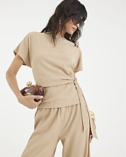 Beige Short Sleeve Textured Tie Waist T-shirt