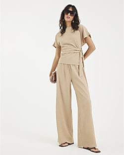 Beige Textured Wide Leg Trousers