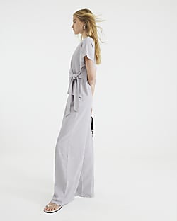Grey Textured Wide Leg Trousers