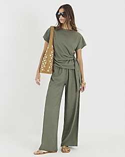 Khaki Textured Wide Leg Trousers