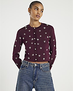 Red Long sleeve Embellished Cardigan