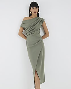 Khaki Asymmetric Draped Wrap Midi Dress