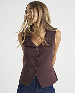 Brown Sleeveless Lapel Waistcoat