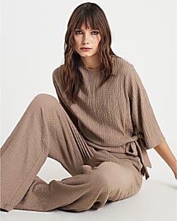 Beige Short Sleeve Textured Knot Side Top