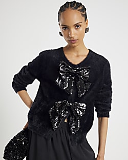 Black Long Sleeve Sequin Bow Fluffy Cardigan