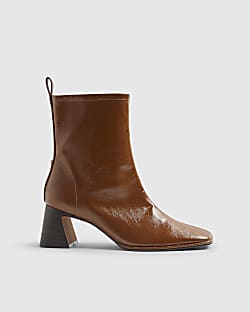 Brown Square Toe Heeled Boots