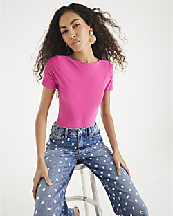 Pink Short Sleeve Boat Neck T-shirt