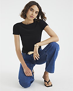 Black Short Sleeve Boat Neck T-Shirt
